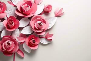 Papier Blumen im das gestalten von ein Herz auf ein Weiß Hintergrund, glücklich Mütter Tag modern Banner Design, ai generiert foto