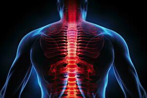 Mensch Skelett Anatomie Röntgen auf dunkel Hintergrund. 3d Wiedergabe, hervorgehoben niedriger zurück Schmerzen zeigen mit rot holographisch Wirbelsäule, ai generiert foto