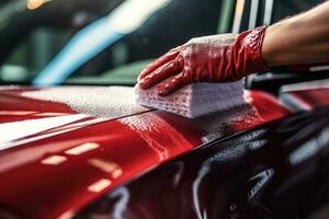 Auto Polieren Serie Arbeiter Reinigung ein rot Auto mit Mikrofaser Tuch, Hand schließen oben Auto Reinigung. waschen das rot Auto mit Seife, ai generiert foto
