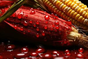 frisch Mais mit Tropfen von Blut auf dunkel Hintergrund, Nahansicht Sicht, vorstellen Erholung künstlerisch von Kolben Mais im ein Maisfeld mit rot Mais Körner mit Tropfen Regen gleiten, ai generiert foto