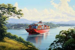 Container Schiff im das Meer mit schön Landschaft Hintergrund. Konzept von Logistik und Transport, Illustration von ein Container Schiff Vorbeigehen durch das Panama Kanal, ai generiert foto