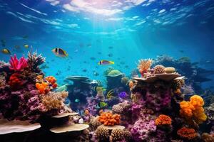 unter Wasser Aussicht von Koralle Riff mit tropisch Fisch. unter Wasser Welt, Koralle Garten Seelandschaft und unter Wasser Welt, ai generiert foto