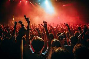 Menge beim ein Musik- Festival, Hände angehoben oben im Vorderseite von das Bühne, Menge Jubel beim ein Leben Musik- Konzert und erziehen Hände hoch, ai generiert foto