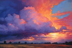 Digital Gemälde von ein schön Sonnenuntergang im das Feld mit Wolken im das Himmel, Cumulonimbus Sonnenuntergang pastos Post Impressionismus Neon- beschwingt dramatisch, ai generiert foto