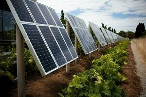 Photovoltaik Paneele zum verlängerbar elektrisch Produktion. Grün Energie Konzept, Haus Zaun gemacht von Solar- Tafeln, ai generiert foto