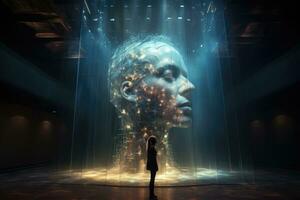 Frau suchen beim abstrakt Digital Hologramm Kopf. 3d Wiedergabe, Mensch Art, durch refik Anadol, ai generiert foto