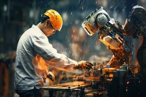 Ingenieur Arbeiten mit Roboter im Fabrik. industriell und Technologie Konzept, mechanisiert Industrie Roboter Arm und Fabrik Arbeiter Arbeiten zusammen. gemischt Medien, ai generiert foto