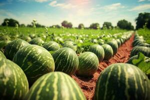 Wassermelonen auf das Feld. landwirtschaftlich Landschaft. selektiv Fokus, reifen groß Wassermelonen im das Wassermelone Feld, Hintergrund verschwommen, ai generiert foto