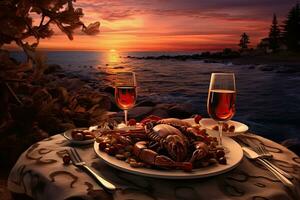 Hummer und Wein auf das Strand beim Sonnenuntergang im Montenegro, Abendessen mit Meeresfrüchte und rot Wein auf das Hintergrund von Meer Sonnenuntergang, ai generiert foto