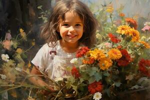 wenig Mädchen mit ein Strauß von Blumen im ihr Hände auf ein verschwommen Hintergrund, wenig Mädchen spielen im ein Garten voll von Pflanzen und Blumen Öl Gemälde , ai generiert foto