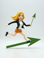 ein 3d Spielzeug Charakter Frau mit Aktentasche Laufen auf wachsend Pfeil auf ein Weiß Hintergrund. ai generiert foto