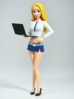ein 3d Spielzeug Karikatur Frau Stehen mit Laptop auf ein Weiß Hintergrund. ai generiert foto