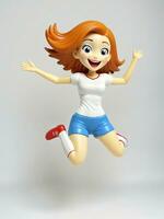 ein 3d Spielzeug Karikatur Frau Springen zum Freude auf ein Weiß Hintergrund. ai generiert foto