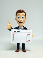 ein 3d Spielzeug Karikatur Geschäftsmann zeigen zu Checkliste auf ein Weiß Hintergrund. ai generiert foto