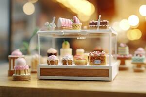 ein Geschmack von Süße. ein Pop Mart Blindbox Kuchen Geschäft mit ein sauber Hintergrund. ai generativ foto