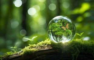 Schmetterling und Kristall Ball auf ein Baum Stumpf im das Wald, natürlich Grün Hintergrund. generativ ai foto