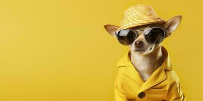 cool suchen Chihuahua Hund tragen funky Mode Kleid. Raum zum Text richtig Seite. generativ ai foto