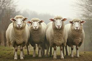 ein Gruppe von Schaf Stehen draußen. generativ ai foto