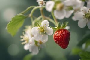schließen oben von ein Erdbeere blühen und Obst durch ai generativ foto