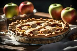 lecker hausgemacht Apfel Kuchen auf hölzern Hintergrund durch ai generativ foto