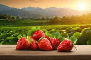 Stapel von Erdbeeren auf Tabelle mit Erdbeere Feld Hintergrund durch ai generativ foto