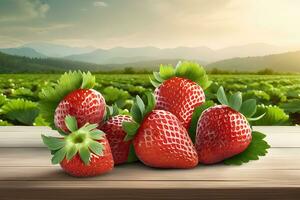 Stapel von Erdbeeren auf Tabelle mit Erdbeere Feld Hintergrund durch ai generativ foto