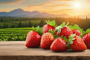 Stapel von Erdbeeren auf Tabelle mit Erdbeere Feld Hintergrund durch ai generativ foto