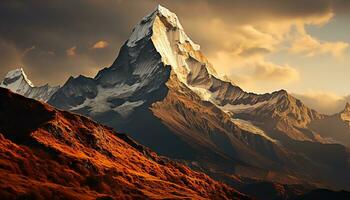 ein Berg Gipfel mit Orange Wolken und ein Sonnenuntergang ai generiert foto