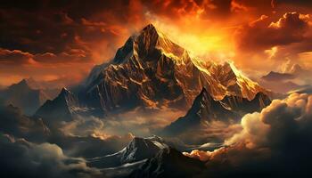 ein Berg Gipfel mit Orange Wolken und ein Sonnenuntergang ai generiert foto