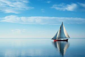 Boot mit Weiß Segel im ein Ruhe Blau Meer. Betrachtung von ein Segelboot auf das Wasser. generiert durch künstlich Intelligenz foto