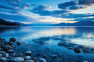 Meer, Kieselstein Strand und Berge beim Dämmerung. schön Meereslandschaft. generiert durch künstlich Intelligenz foto