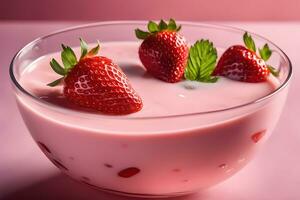 Erdbeere Obst schwebend im Erdbeere Milch, Joghurt, Smoothie durch ai generativ foto