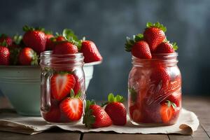 frisch Erdbeeren im ein Jahrgang Mason Krug durch ai generativ foto