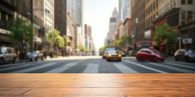 generativ ai, leeren hölzern Tabelle oben mit verwischen Hintergrund von ein beschäftigt Straße, groß Stadt foto