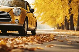 Auto auf Asphalt Straße auf ein Herbst Tag beim das Park. ai generiert foto