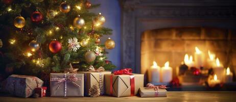 Weihnachten Zuhause Zimmer, Geschenk Box unten Baum mit Beleuchtung und Kamin. ai generiert foto