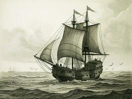 uralt Segeln Schiff beim Meer, Hand gezeichnet illlustration im das Gravur Stil, ai generiert foto