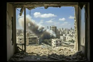Bombardierung und Zerstörung, Aussicht von Fenster, ai generiert foto
