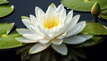 Weiß Wasser Lilie. Weiß Lotus mit Blätter auf dunkel Teich. ai generiert foto