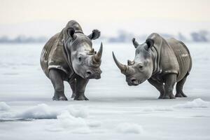 zwei Nashorn bekommen bereit zum Kampf auf Eis. ai generiert foto