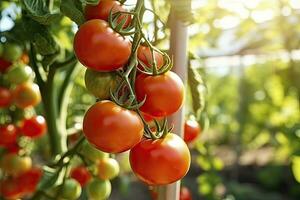 frisch Bündel von rot natürlich Tomaten auf ein Ast im Gemüse Garten. ai generiert foto