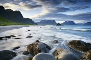 uttakleiv Strand, mit dramatisch Berge und Spitzen, öffnen Meer und geschützt Buchten, Strände und unberührt landet. ai generiert foto