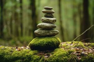 Pyramide Steine Balance auf alt moosig gefallen Baum. ai generiert foto