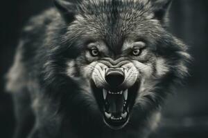 Graustufen Nahansicht Schuss von ein wütend Wolf mit ein verschwommen Hintergrund. ai generiert foto