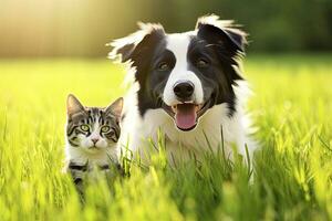 Katze und Hund zusammen mit glücklich Ausdrücke. ai generiert foto