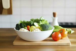 Küche immer noch Leben mit Weiß Schüssel von gewaschen Gemüse auf hölzern Schreibtisch. ai generiert foto