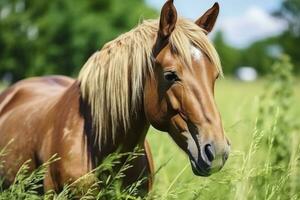 braun Pferd mit blond Haar isst Gras auf ein Grün Wiese Detail von das Kopf. ai generiert foto