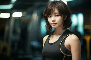 schön asiatisch Mädchen im Sportbekleidung Innerhalb das Fitnessstudio generativ ai foto