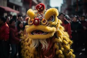 Mond- Neu Jahr Parade mit aufwendig entworfen traditionell Drachen und Löwe tanzen Kostüme generativ ai foto