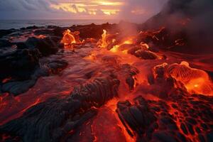 vulkanisch Eruption im Hawaii Vulkane National Park beim Sonnenuntergang, Lava ist eintreten das Ozean mit viele klein fließt, ai generiert foto